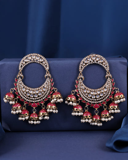 Red Anvika Desginer Meenakari Chandbali Jhumki Earring