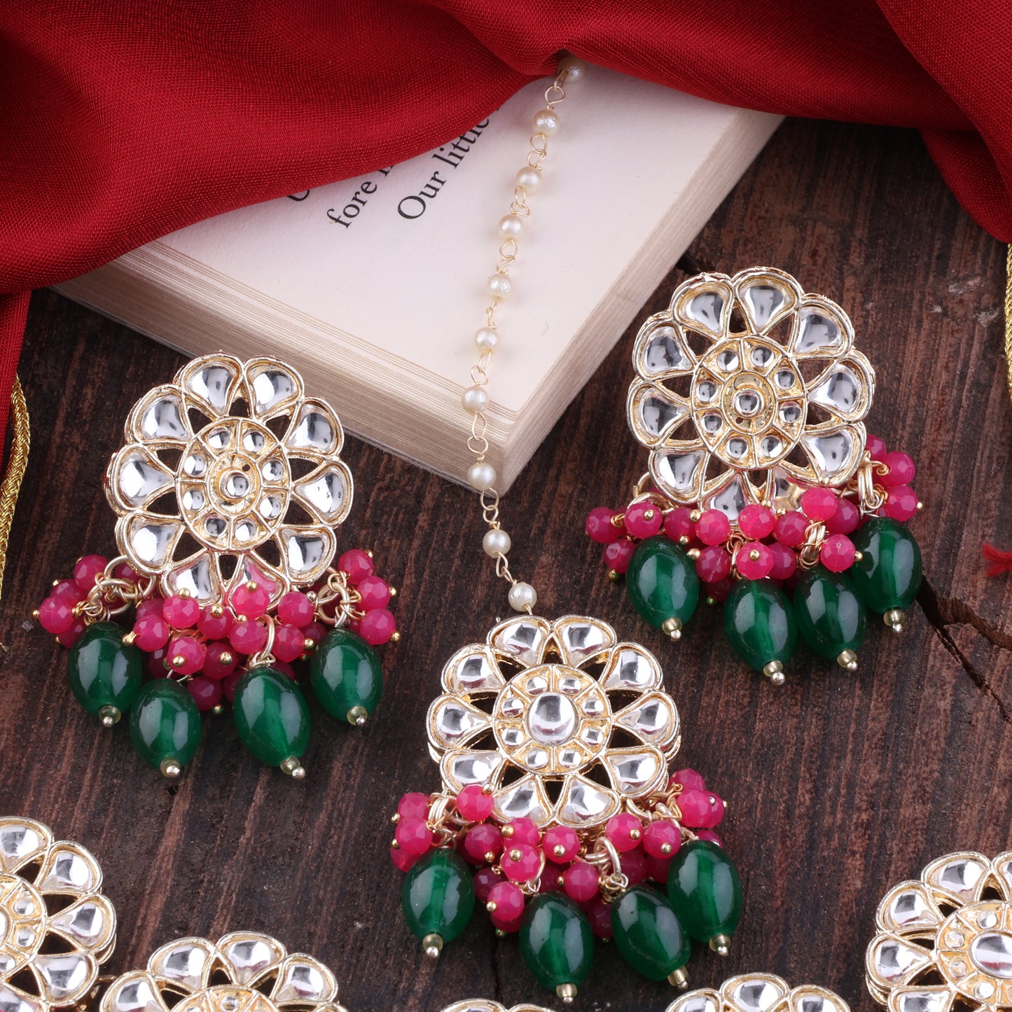 Pink Green Yuvraj Choker Necklace Set with Earring and Teeka