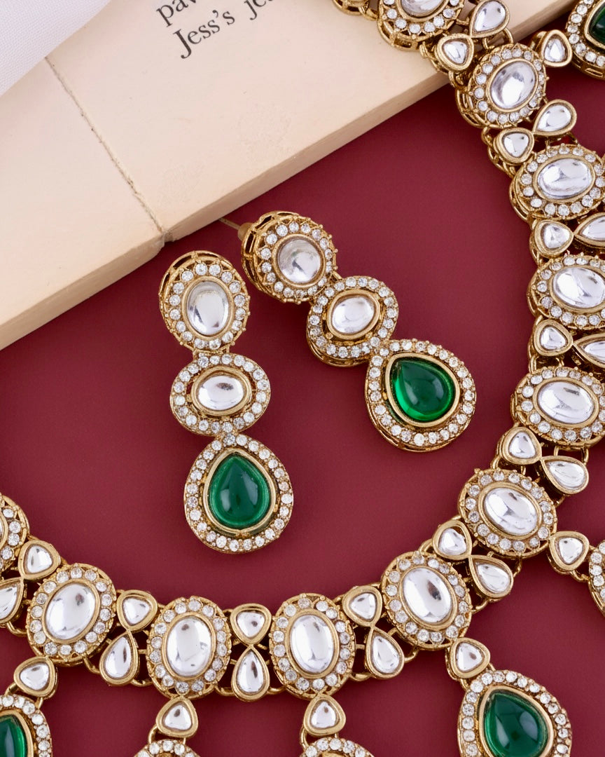 Green Nivaya Premium Polki Dupe Necklace with Earring and Teeka