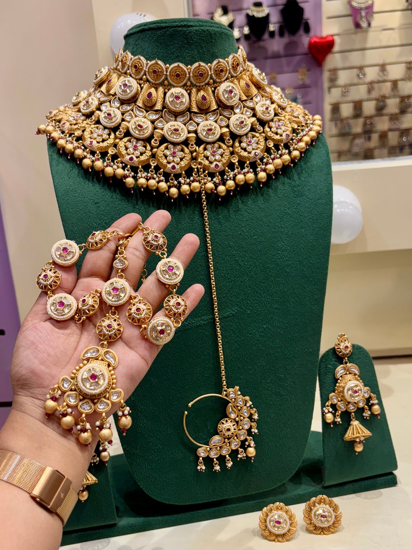 Royal Rajwada Bridal Necklace Set with Jhumki Earring and Sheshpatti with Mangteeka and Bridal Nath Nose Ring and Pair of Ring