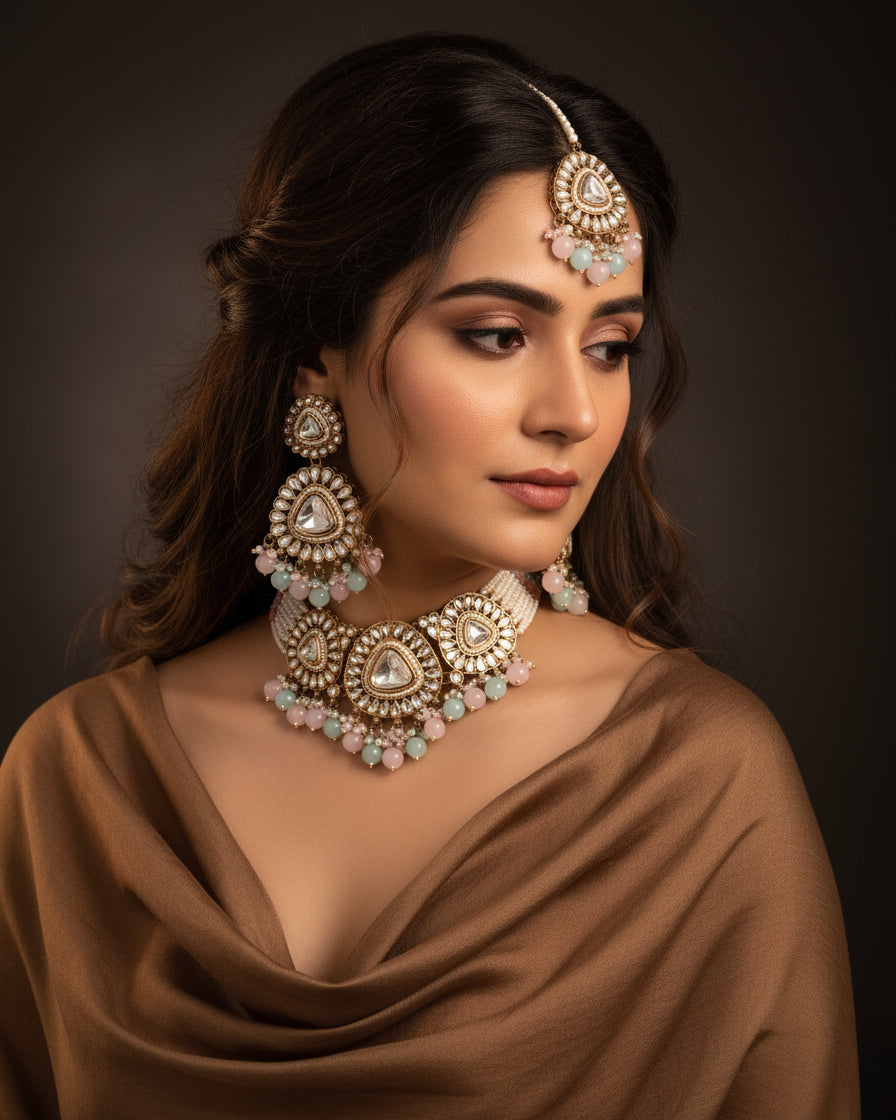 Pastel Ivanshi Premium Necklace with Earring and Teeka