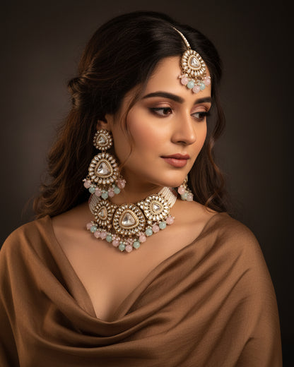 Pastel Ivanshi Premium Necklace with Earring and Teeka