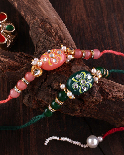 Pack Of 2 Jadau Beaded Kundan Rakhi with Tilak Set and Card
