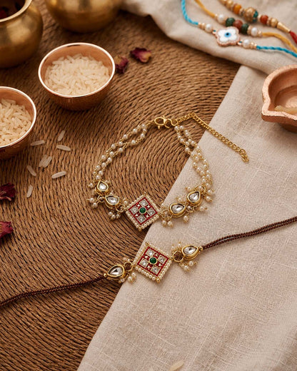 Red Saloni Bhaiya Bhabhi Rakhi with Tilak Set and Card