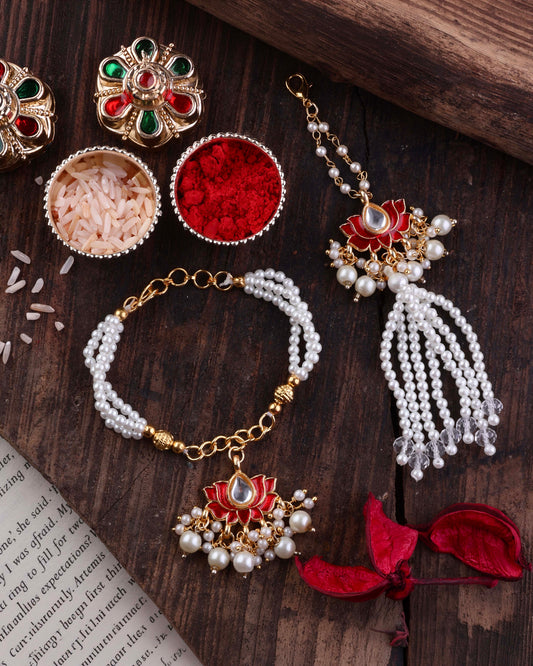Red Malay Bhaiya Bhabhi Rakhi with Tilak Set and Card
