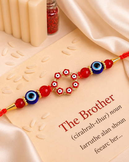Red Chakra Evil Eye Rakhi with Tilak Set and Card