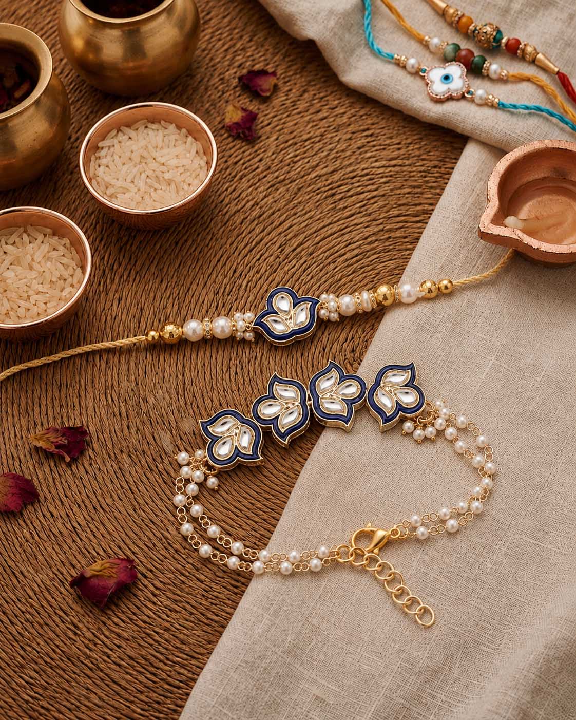 Blue Devina Bhaiya Bhabhi Rakhi with Tilak Set and Card