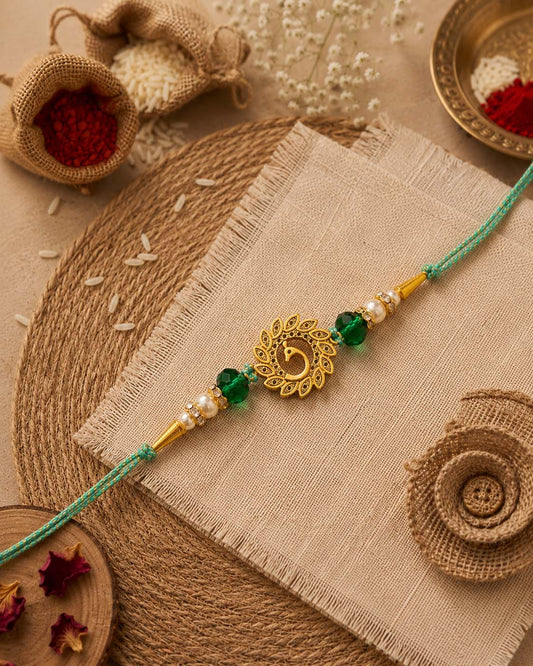 Teal Peacock Rakhi for Brother | Tilak Set Included