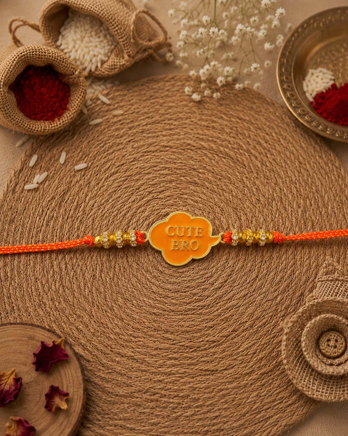 Orange Cute Bro Rakhi for Brother | Tilak Set Included