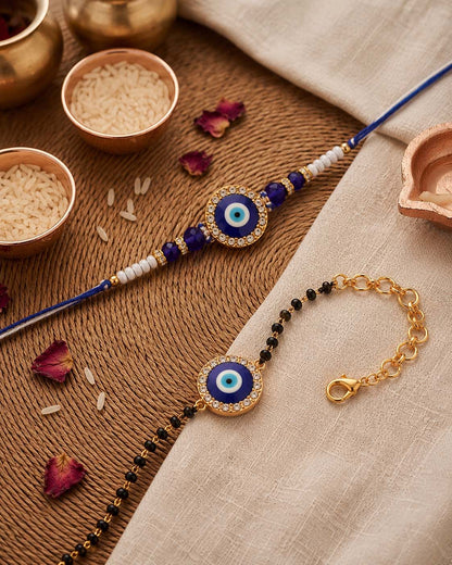 Anjan Bhaiya Bhabhi Evil Eye Rakhi Mangalsutra with Tilak Set and Card