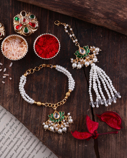 Green Malay Bhaiya Bhabhi Rakhi with Tilak Set and Card