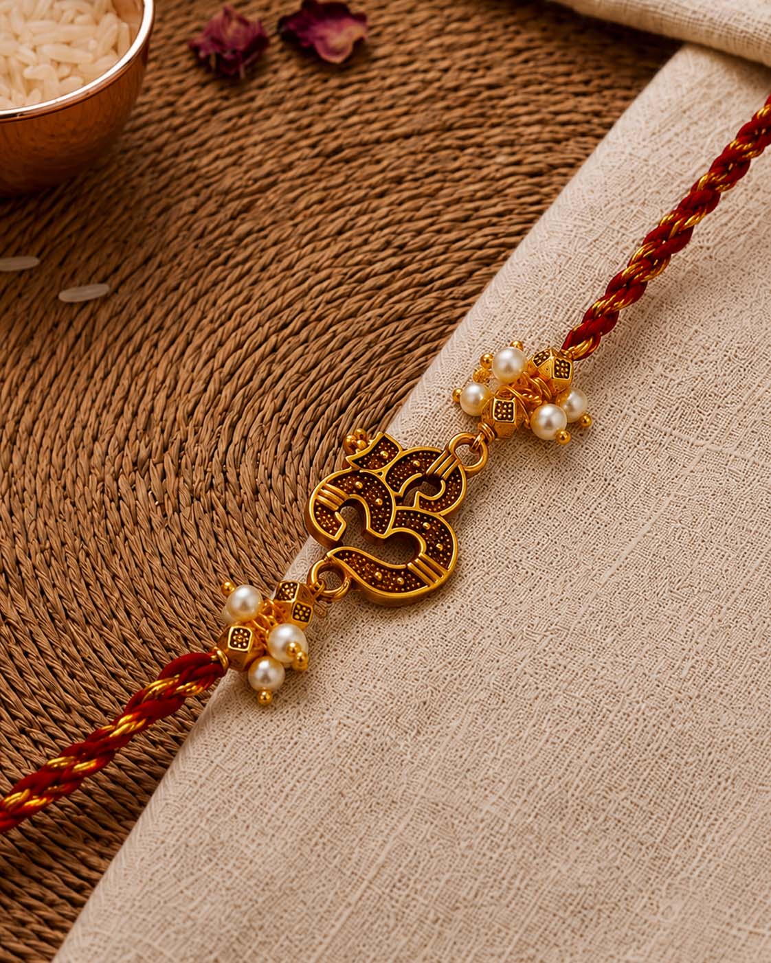 Omdev Red Gold Rakhi for Brother | Tilak Set Included