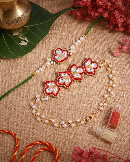 Red Devina Bhaiya Bhabhi Rakhi with Tilak Set and Card