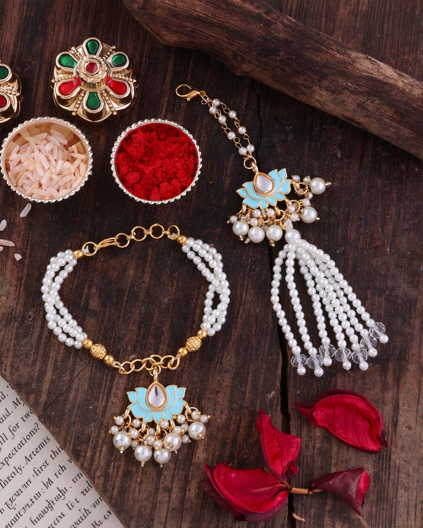 Turquoise Malay Bhaiya Bhabhi Rakhi with Tilak Set and Card