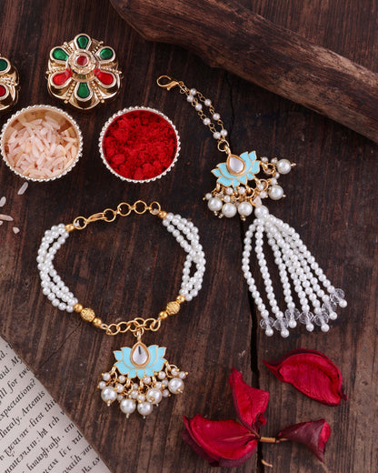 Turquoise Malay Bhaiya Bhabhi Rakhi with Tilak Set and Card