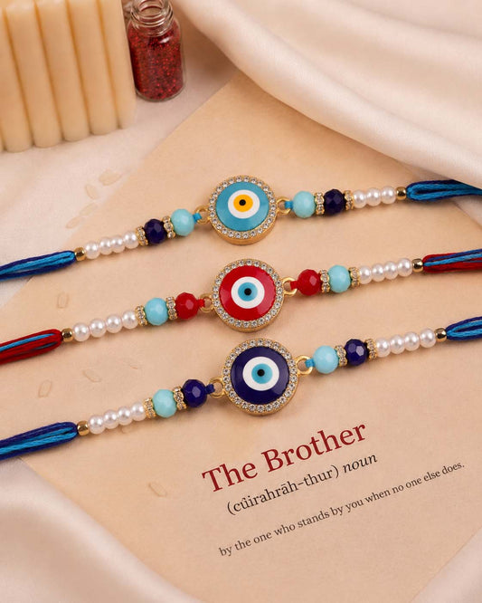 Pack of 3 Zaroon Evil Eye Rakhi for Brother | Tilak Set Included