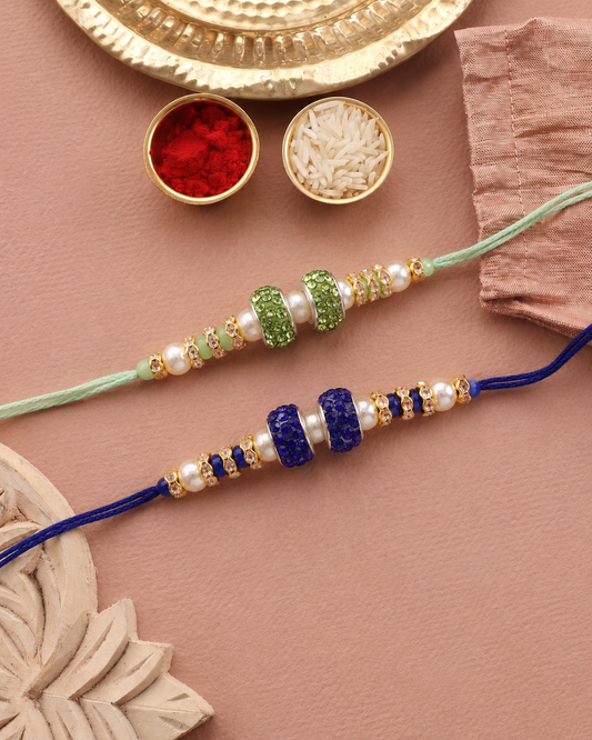 Pack of 2 - Tejomay Rakhi - Mint Blue : with Tilak Set and Card