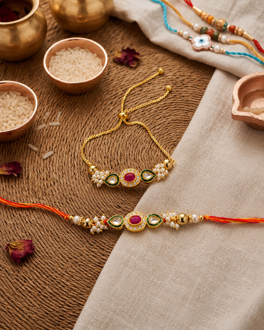 Tantra Bhaiya Rakhi and Bhabhi Bracelet with Card | Tilak Set Included