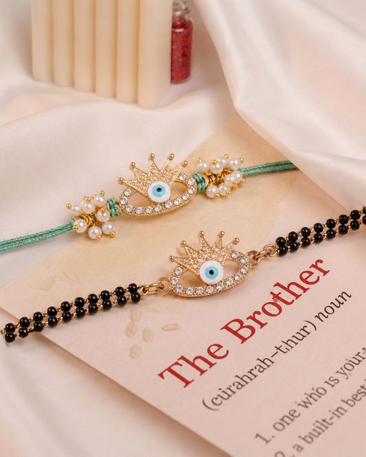 Devraj Bhaiya Rakhi and Bhabhi Mangalsutra Bracelet with Card | Tilak Set Included