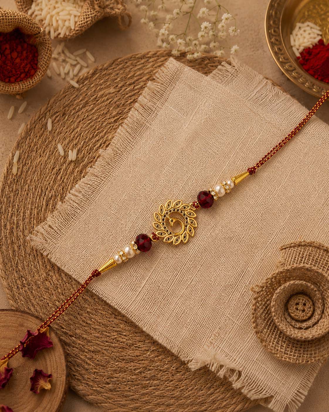 Maroon Peacock Rakhi for Brother | Tilak Set Included