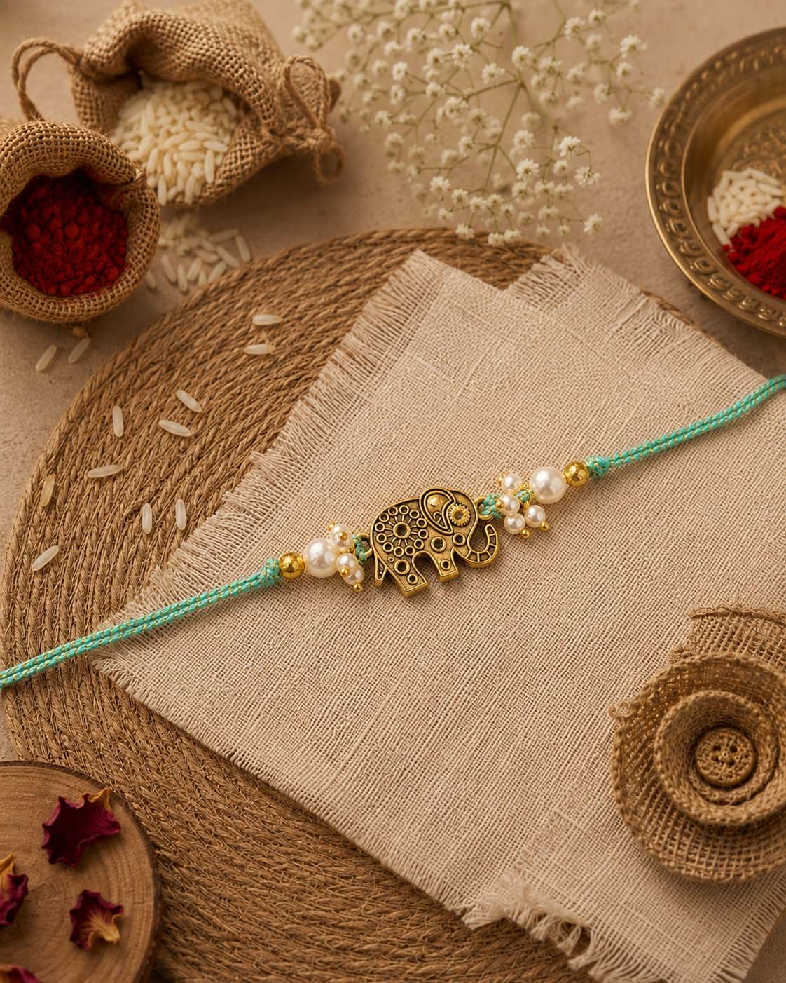 Teal Gajvik Rakhi for Brother | Tilak Set Included