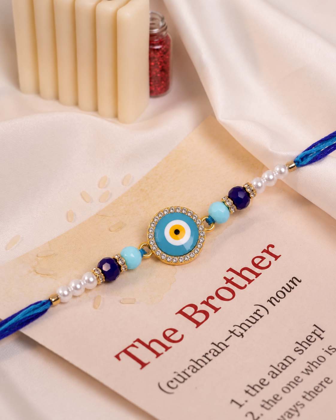 Turquoise Zaroon Evil Eye Rakhi for Brother | Tilak Set Included