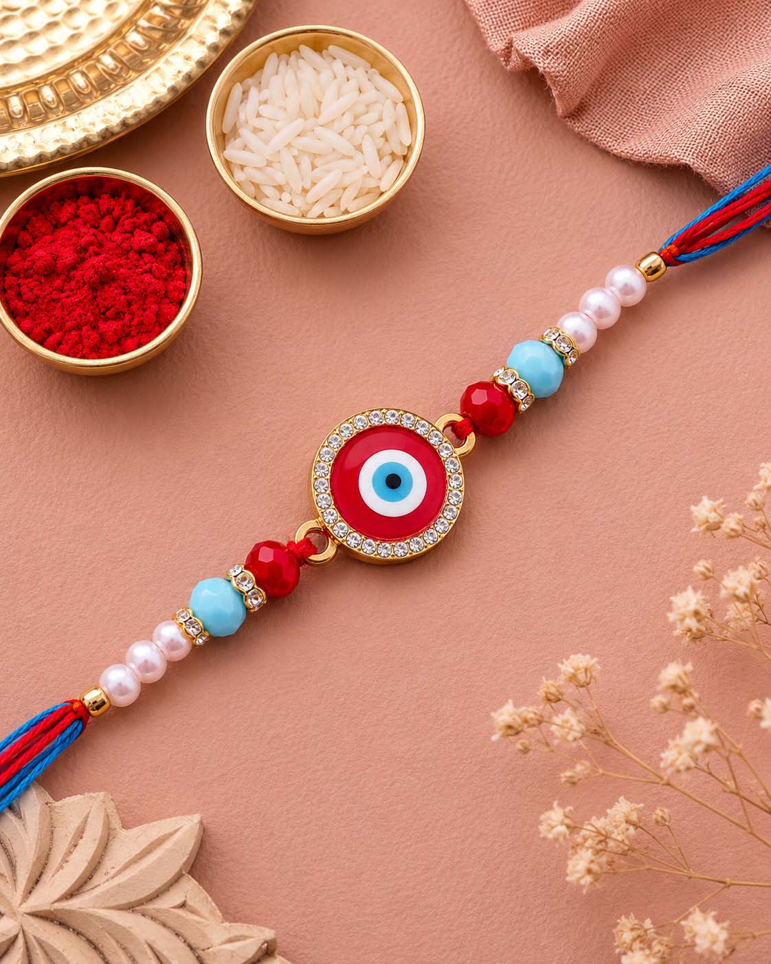 Red Zaroon Evil Eye Rakhi for Brother | Tilak Set Included