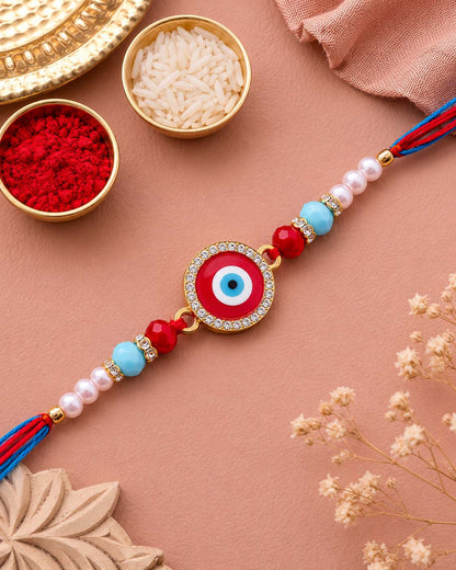 Red Zaroon Evil Eye Rakhi for Brother | Tilak Set Included