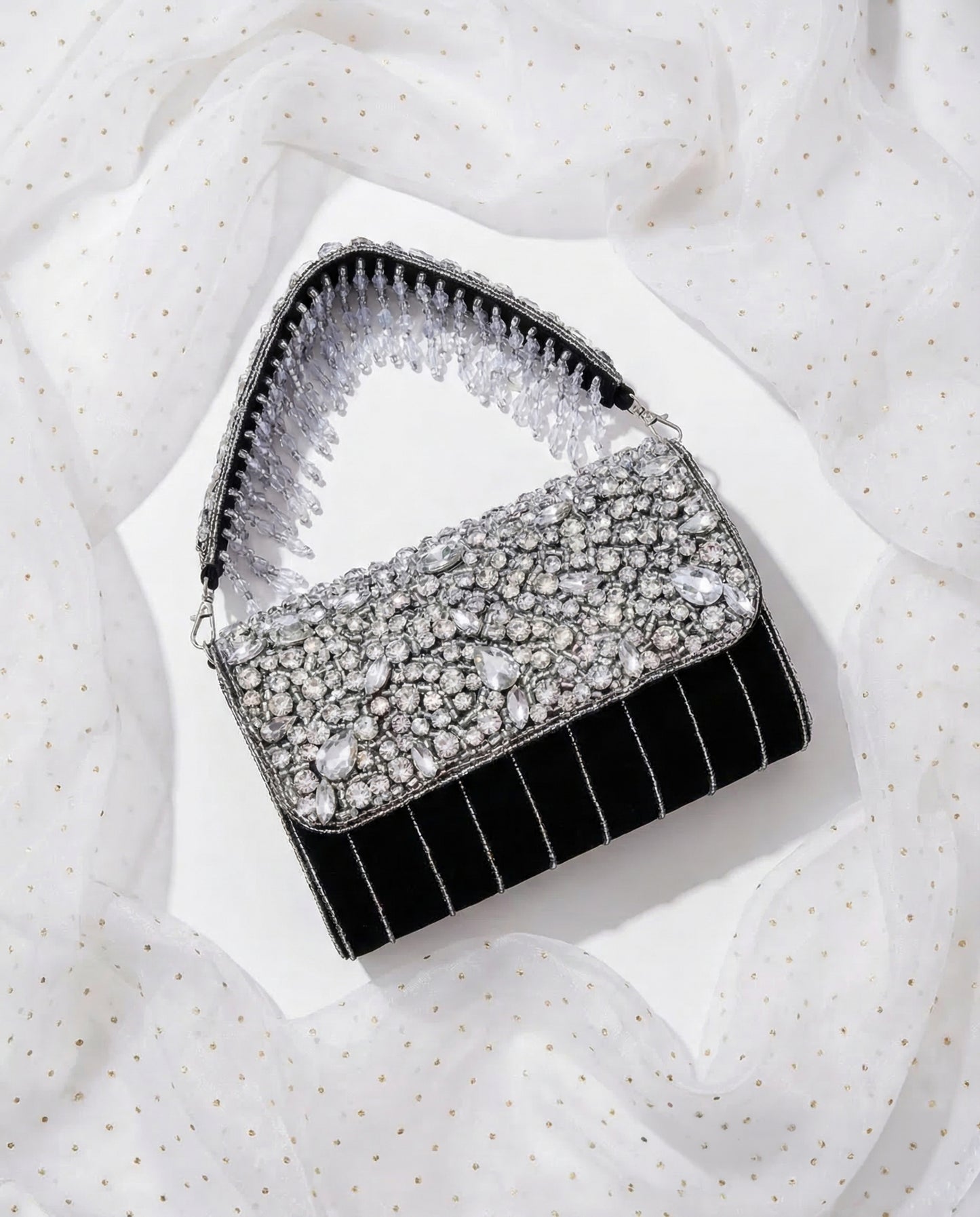 Black Clementine Rhinestone Flap Clutch