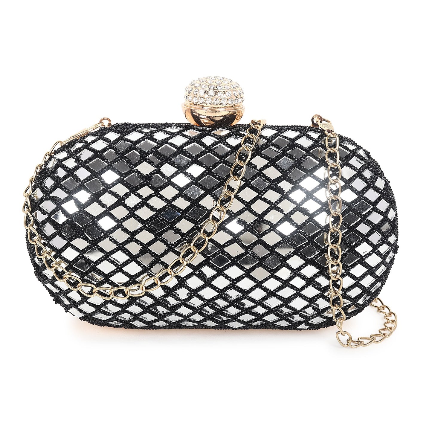 Black Designer Oval Clutch With Mirror Work