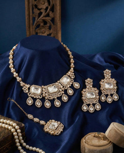 Silver Harshika Premium Zircone Polki Dupe Necklace Set