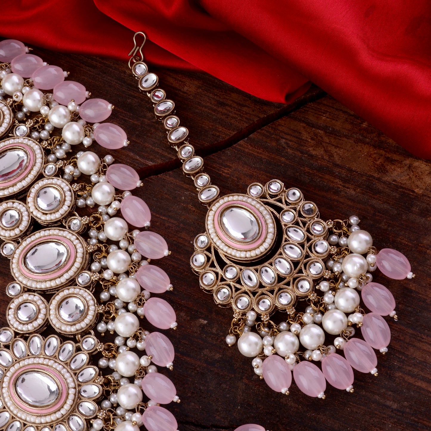 Blush Gurkeerat Necklace Earring with Teeka and Side Jhumar/Passa