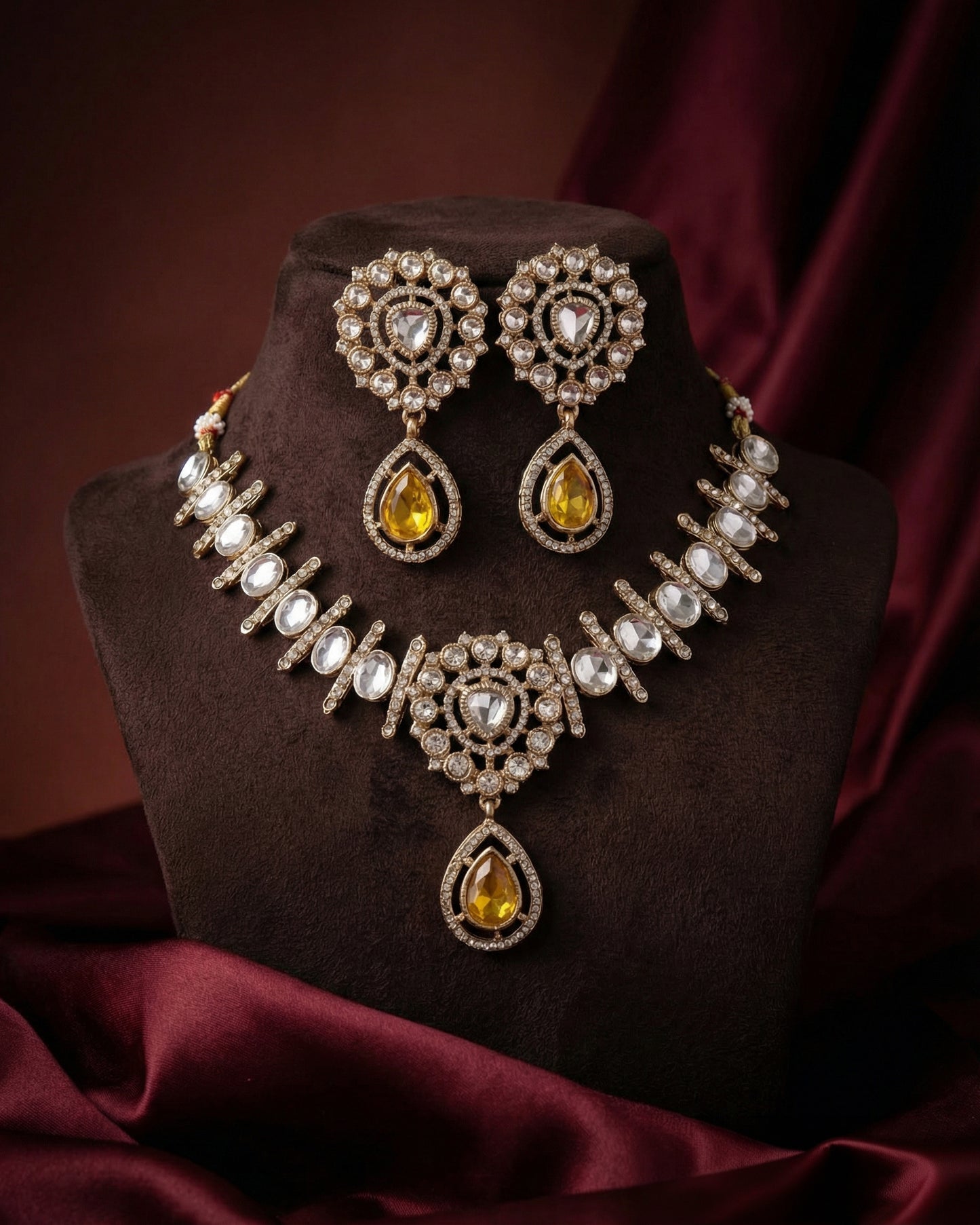Yellow Rutba Indo Western Necklace With Earrings