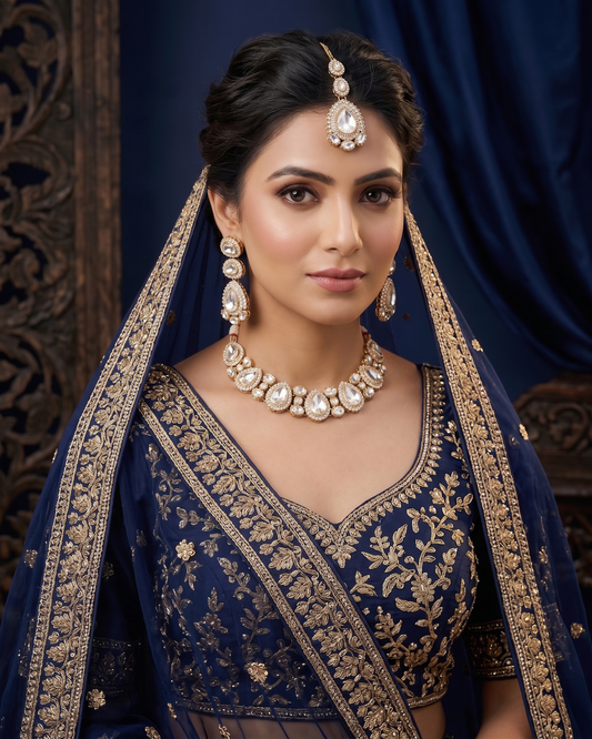 Silver Prishika Premium Polki Dupe Necklace with Earring and Teeka