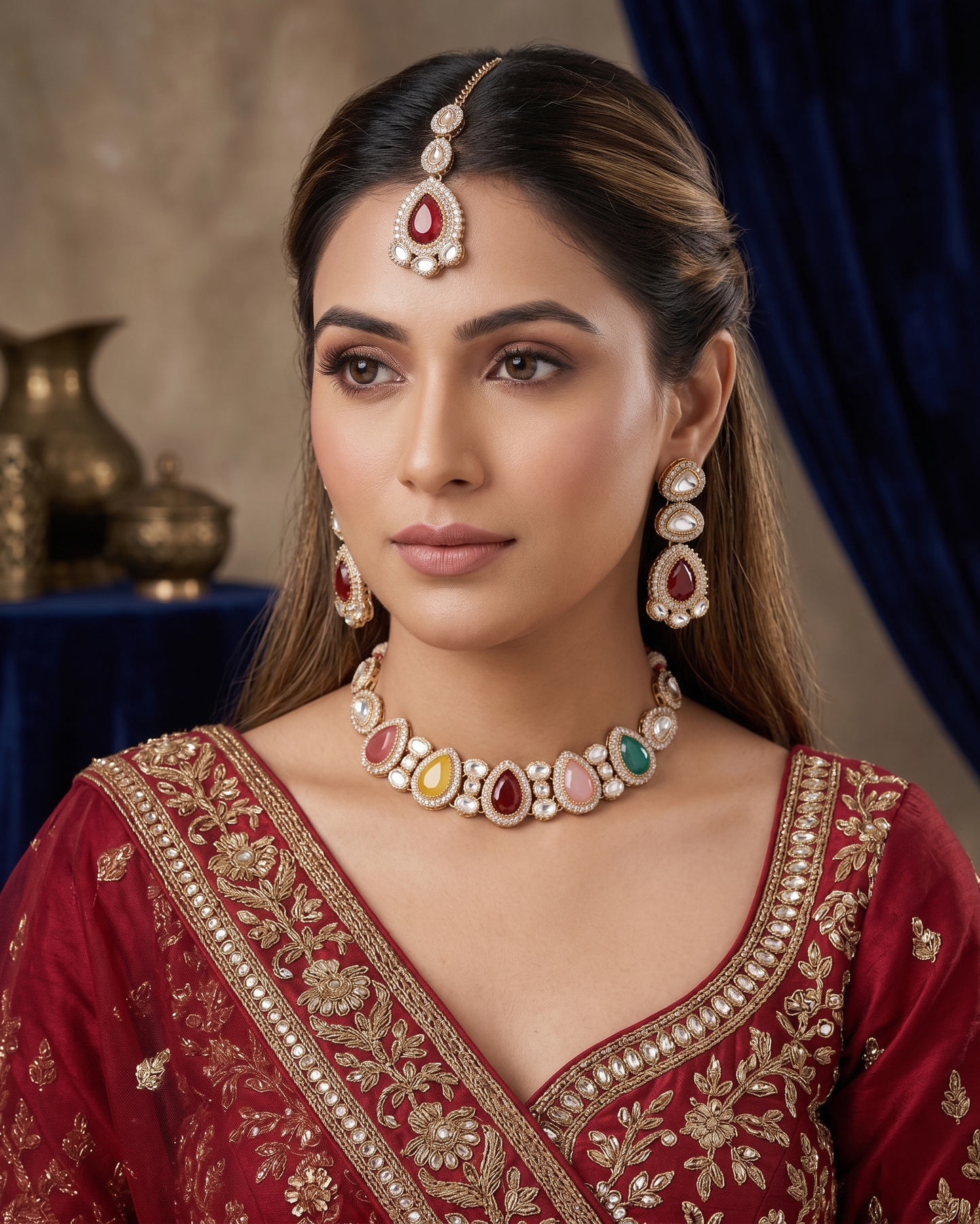 Multi Prishika Premium Polki Dupe Necklace with Earring and Teeka