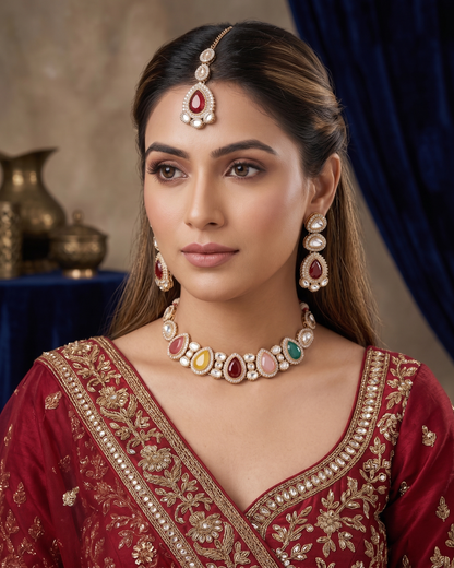 Multi Prishika Premium Polki Dupe Necklace with Earring and Teeka