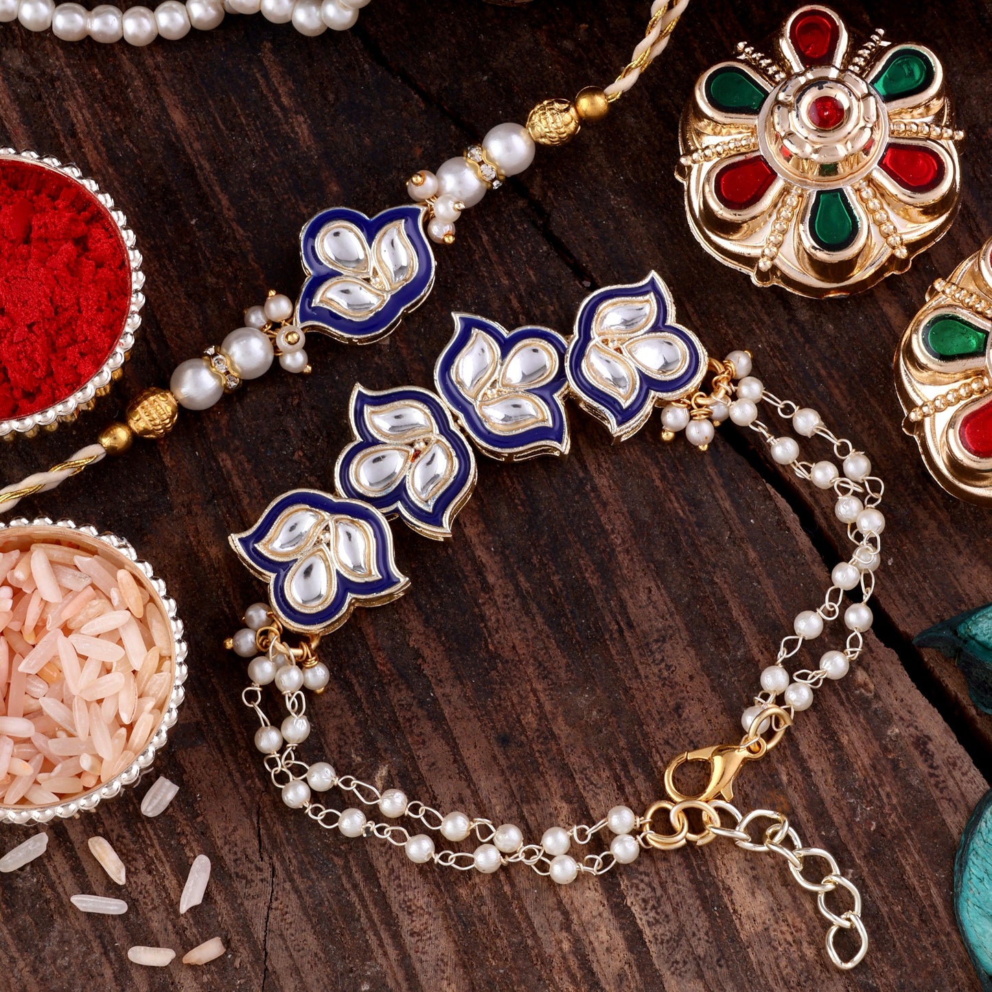 Blue Devina Bhaiya Bhabhi Rakhi with Tilak Set and Card