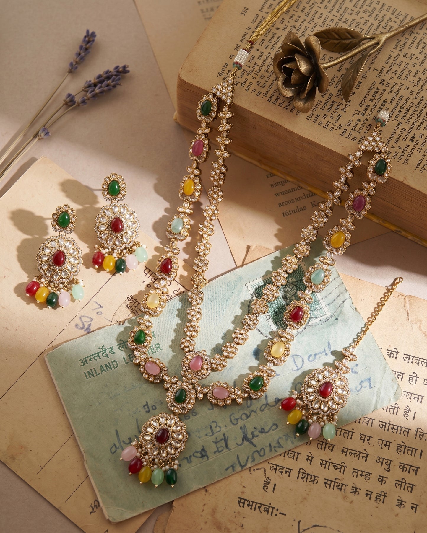 Multi Prabhjot Premium Layer Long Necklace with Earring and Mangteeka