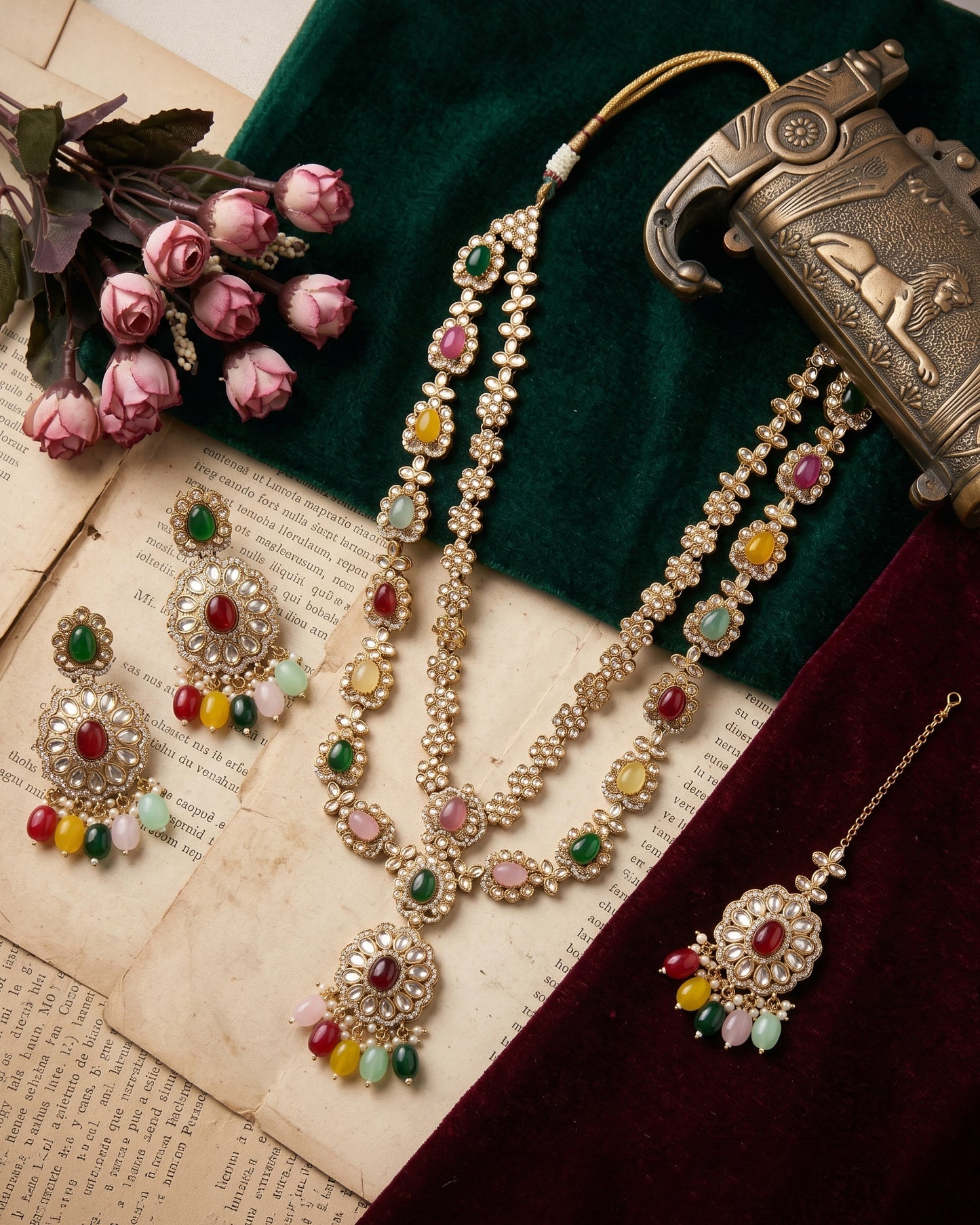 Multi Prabhjot Premium Layer Long Necklace with Earring and Mangteeka