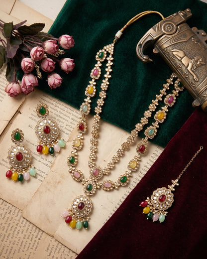 Multi Prabhjot Premium Layer Long Necklace with Earring and Mangteeka