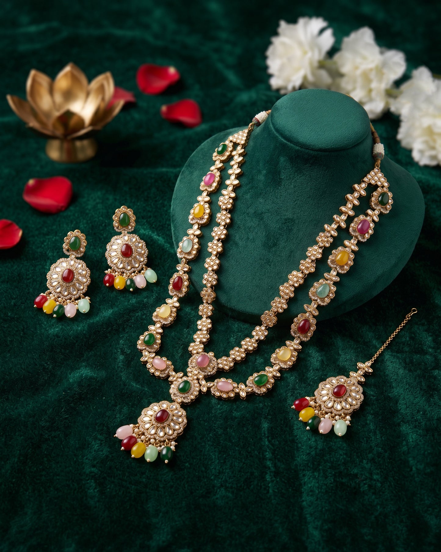 Multi Prabhjot Premium Layer Long Necklace with Earring and Mangteeka
