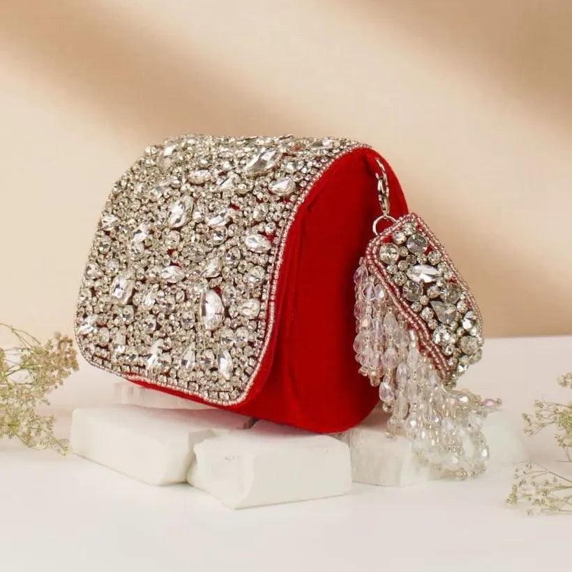 Red Maria Rhinestone Flap Clutch