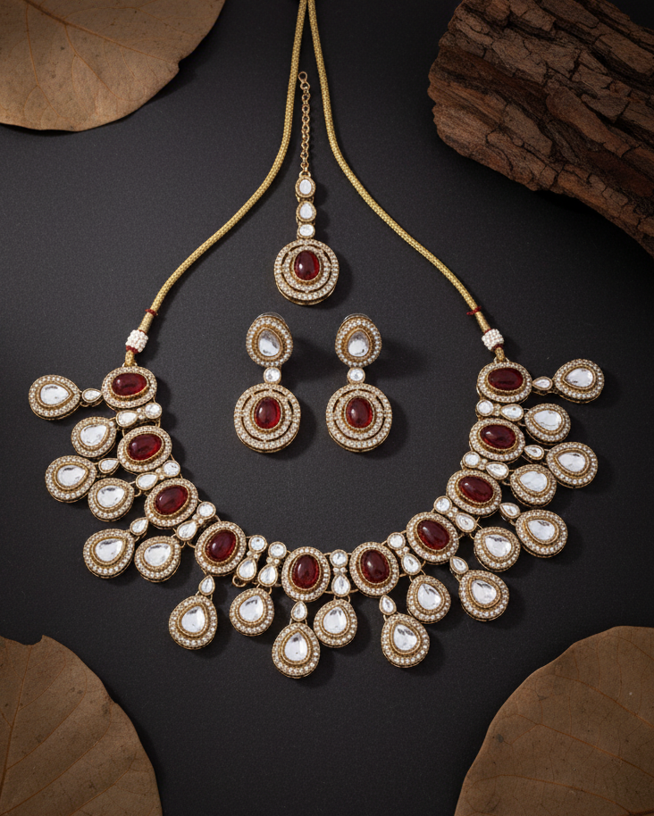 Maroon Sehaj Premium Polki Dupe Necklace with Earring and Teeka