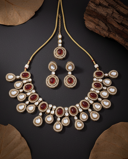 Maroon Sehaj Premium Polki Dupe Necklace with Earring and Teeka