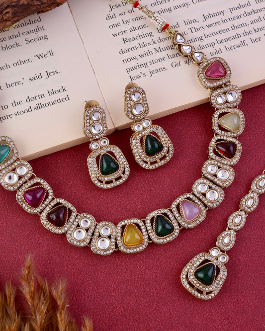 Multi Zorawar Premium Polki Dupe Necklace with Earring and Teeka