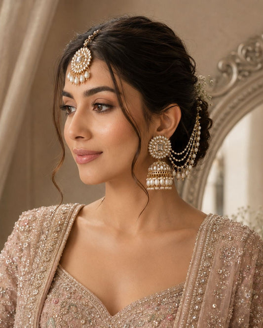Pearl Avreet Mirror Bahubali Jhumka with Teeka