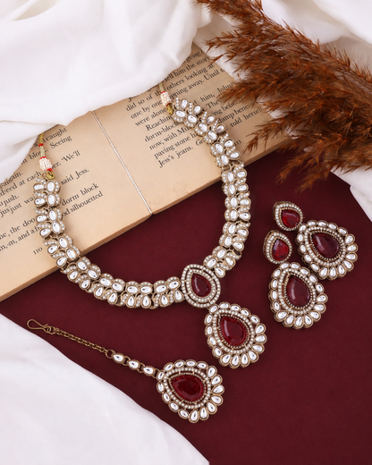 Ruby Vyakhya Premium Designer Zircone Polki Dupe Necklace With Earring & Teeka