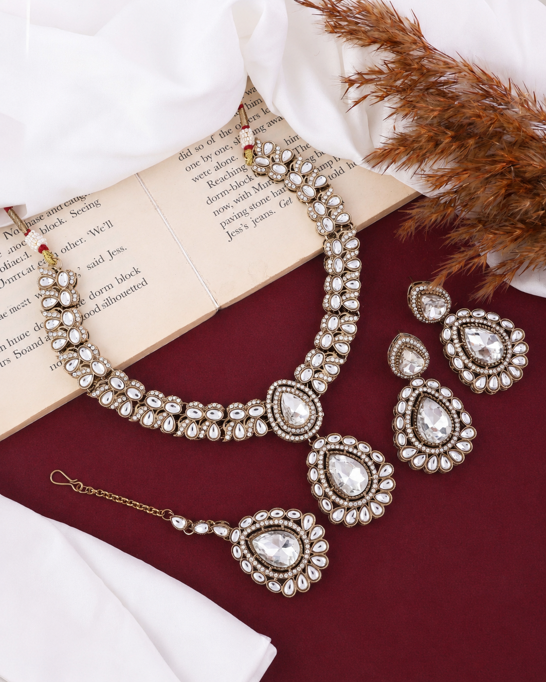 Silver Vyakhya Premium Designer Zircone Polki Dupe Necklace With Earring & Teeka