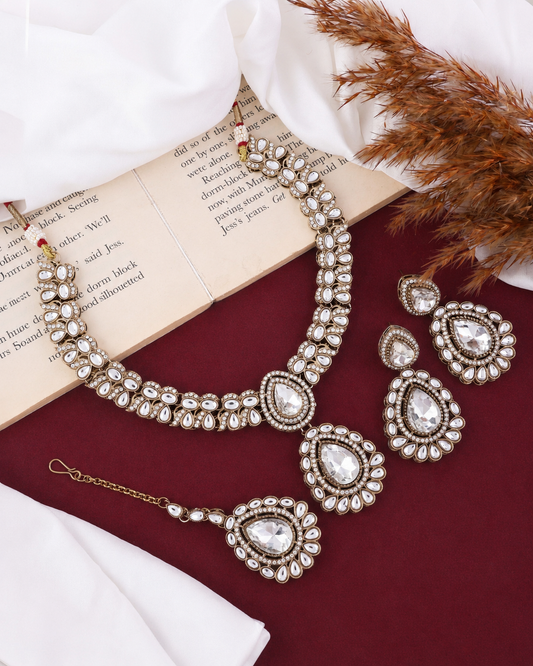 Silver Vyakhya Premium Designer Zircone Polki Dupe Necklace With Earring & Teeka