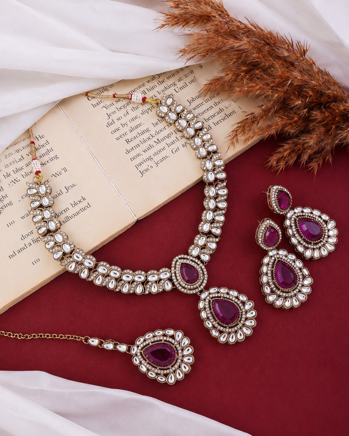 Purple Vyakhya Premium Designer Zircone Polki Dupe Necklace With Earring & Teeka